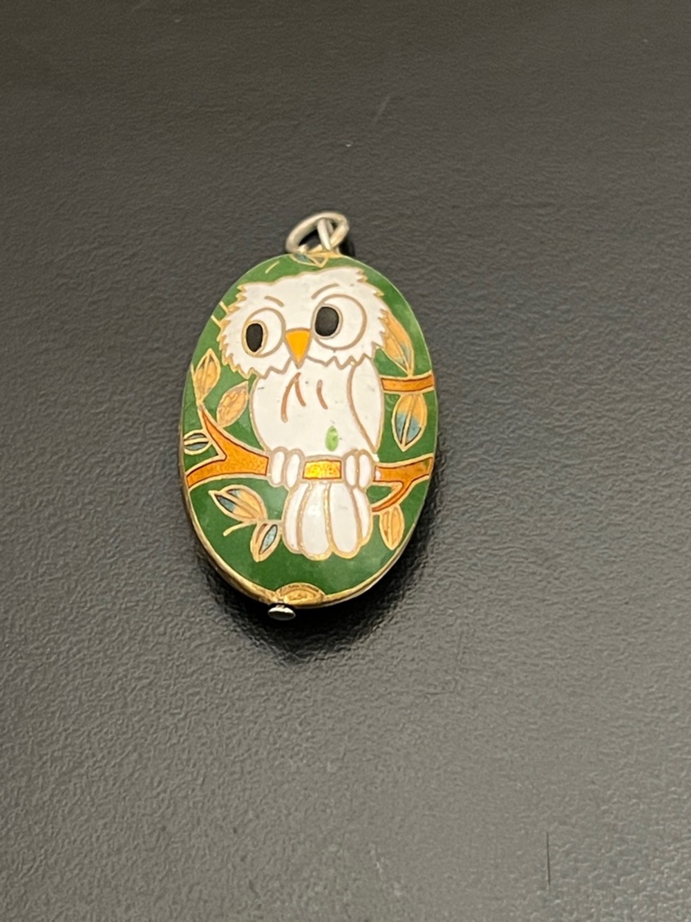Vintage Cloisonne Green Owl Enamel Necklace Pendant